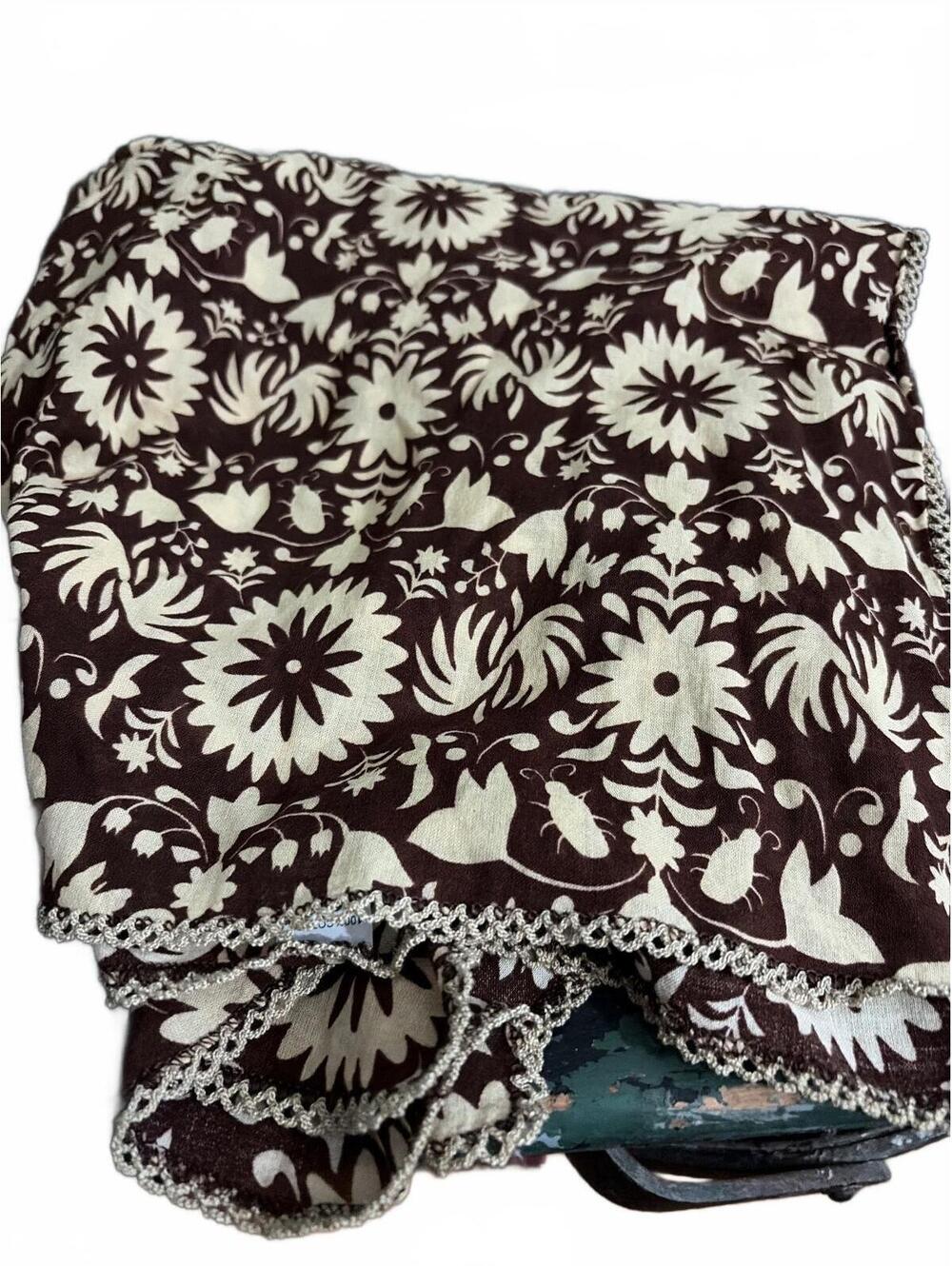 Brown and Cream Floral Cotton Scarf with Crochet Edge
